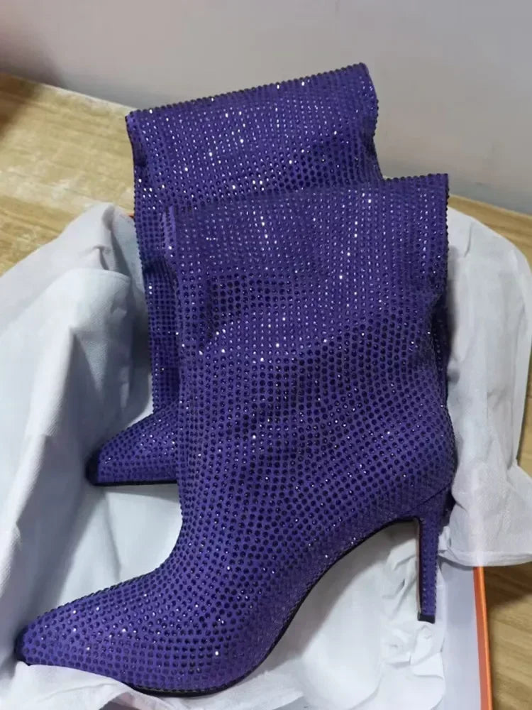 High Pointed Heel Boots with Sparkling Rhinestone Design - Josie