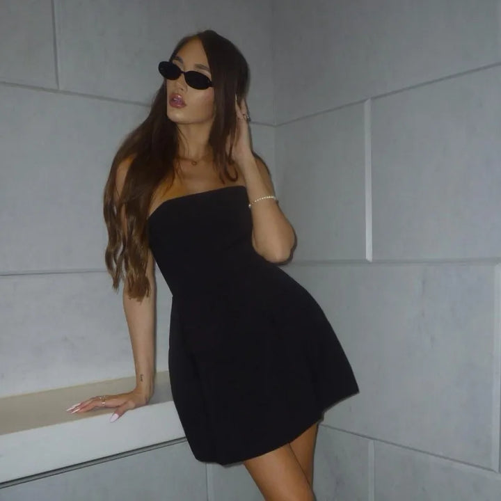 Strapless A-Line Mini Dress with Faux Pocket Detail - Angeles