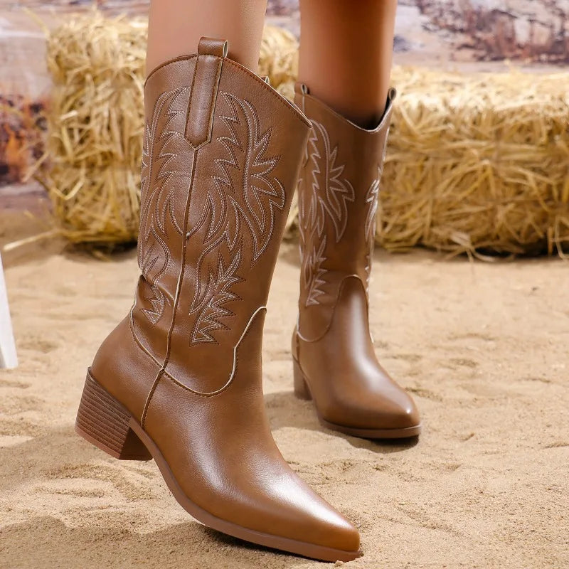 Faux Leather Cowboy Boots with Embroidered Illustrations - Tansy
