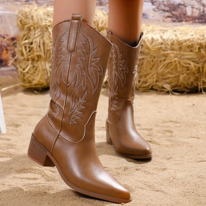Faux Leather Cowboy Boots with Embroidered Illustrations - Tansy