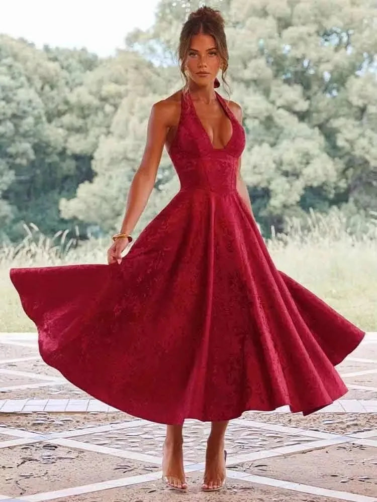 Midi A-Line Dress with Neck Tie, Open Back, Floral Embroidery Detail - Flora