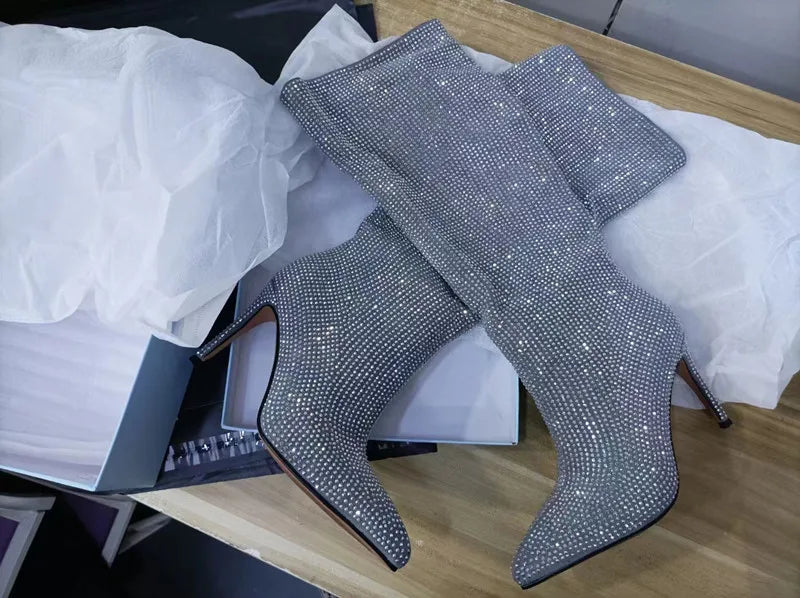 High Pointed Heel Boots with Sparkling Rhinestone Design - Josie