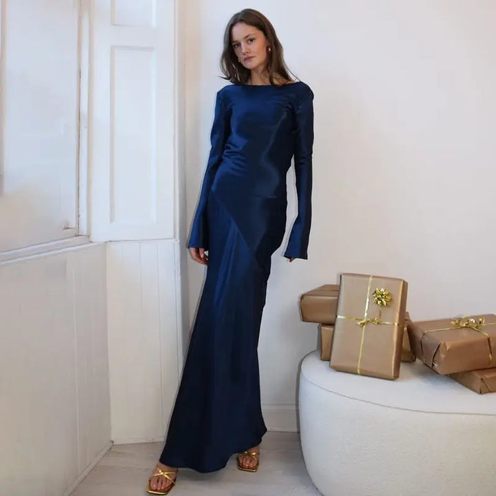 Maxi satin evening dress with open back, slit, and bell sleeves - Marian