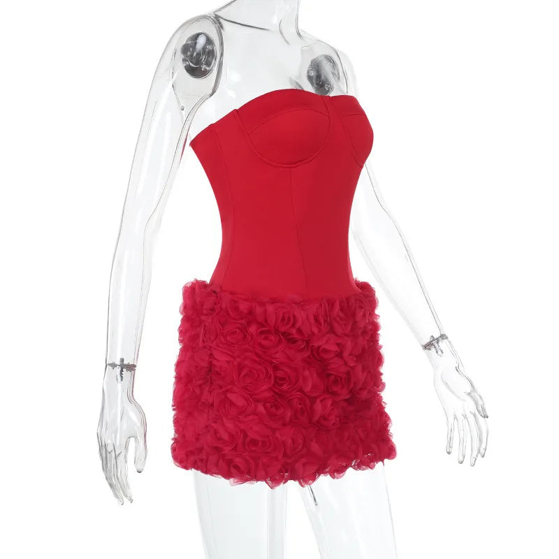 Strapless mini dress with corset design and 3D floral skirt - Loretta