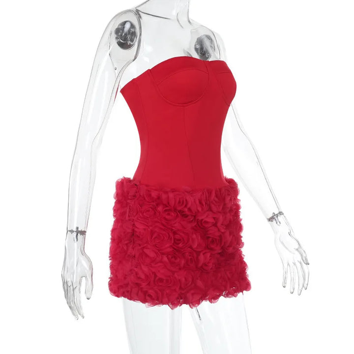 Strapless mini dress with corset design and 3D floral skirt - Loretta
