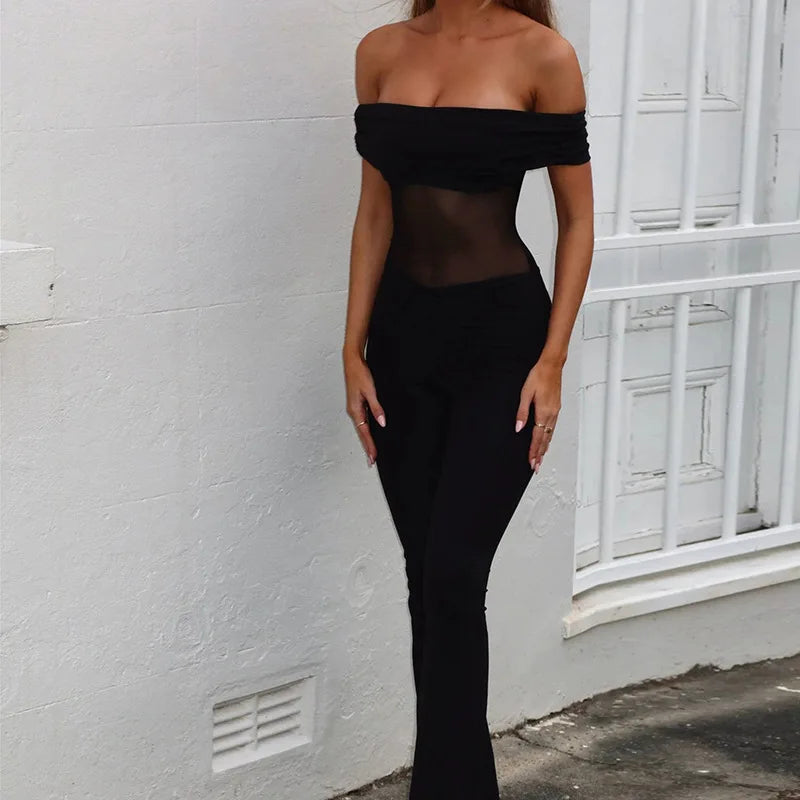 Shaping Fabric Jumpsuit with Mesh and Off-Shoulder Pedal Pusher Pants - Maylin