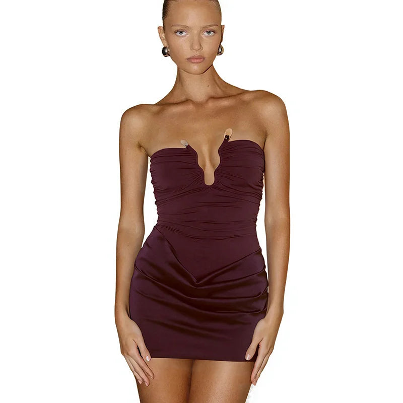 Mini strapless dress with satin pleats and buckle decoration - Easy