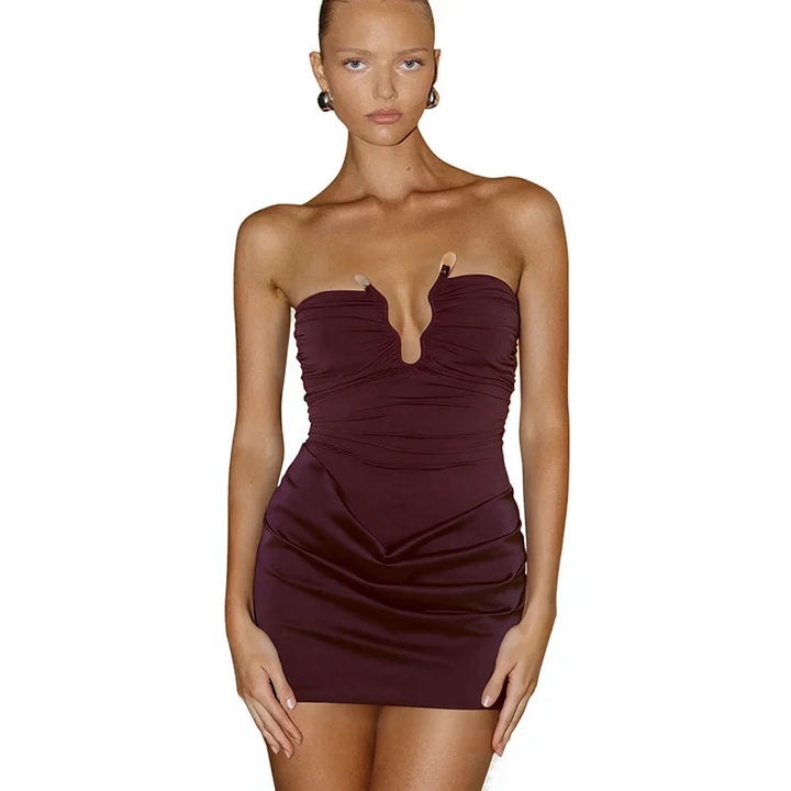 Mini strapless dress with satin pleats and buckle decoration - Easy