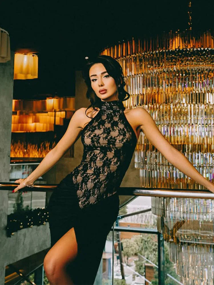Golf Maxi Dress with Lace Detail and Deep Slit Design - Calliope