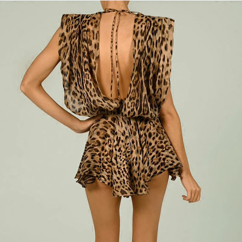 Short Spotted Chiffon Jumpsuit with Deep V-Neck Mini Dress Design - Jill