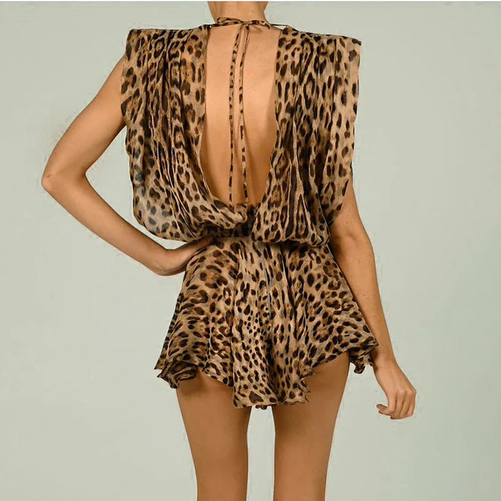 Short Spotted Chiffon Jumpsuit with Deep V-Neck Mini Dress Design - Jill