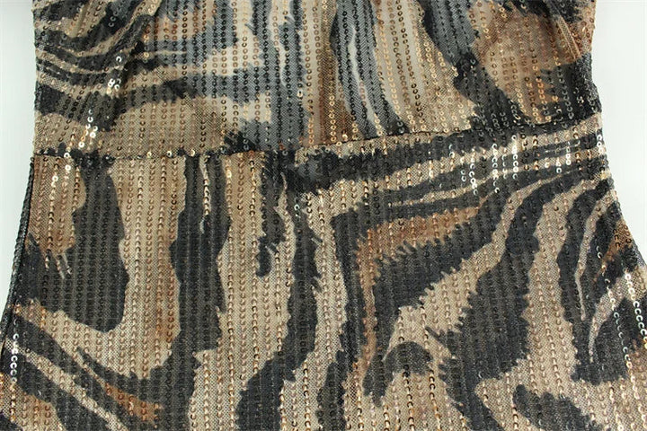 Leopard Print Sequin Maxi Dress with Draped Collar and Open Back - Magnolia