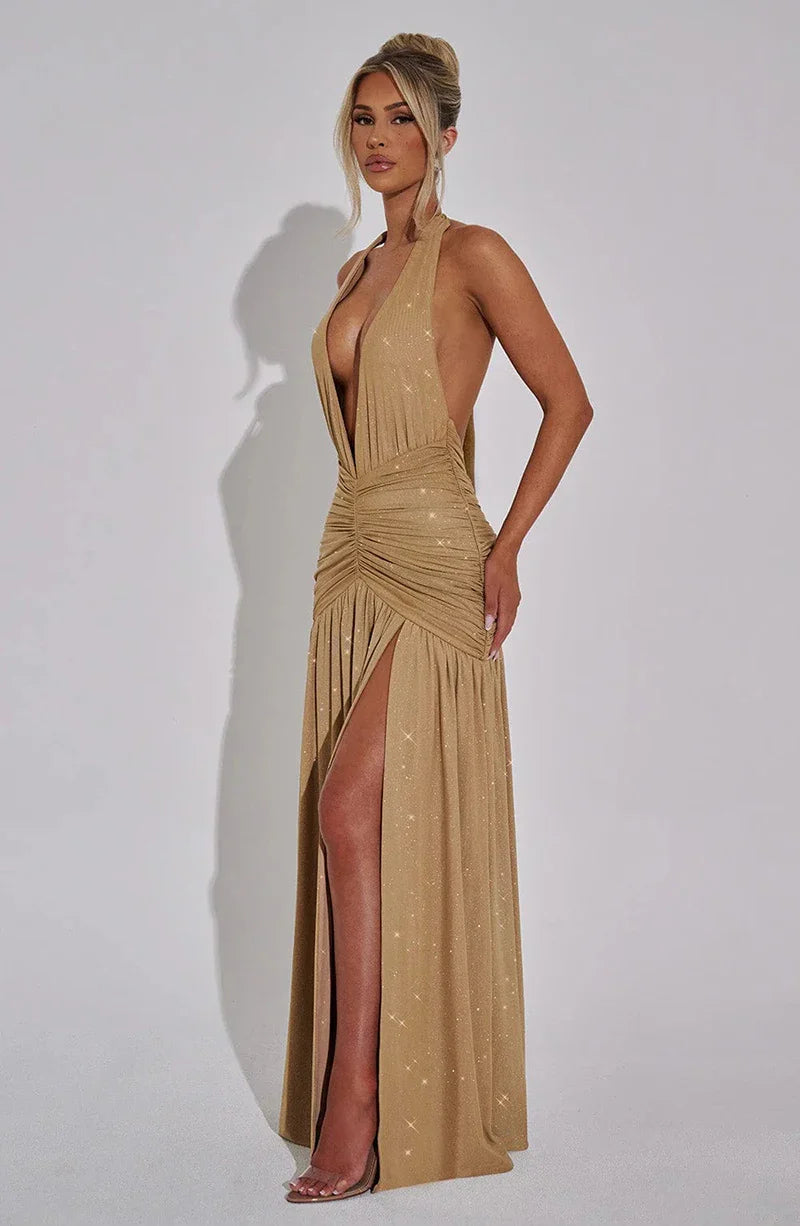 Glitter Maxi Dress with Slit, Deep V-Neck, Open Back, and Neck Tie - Emery