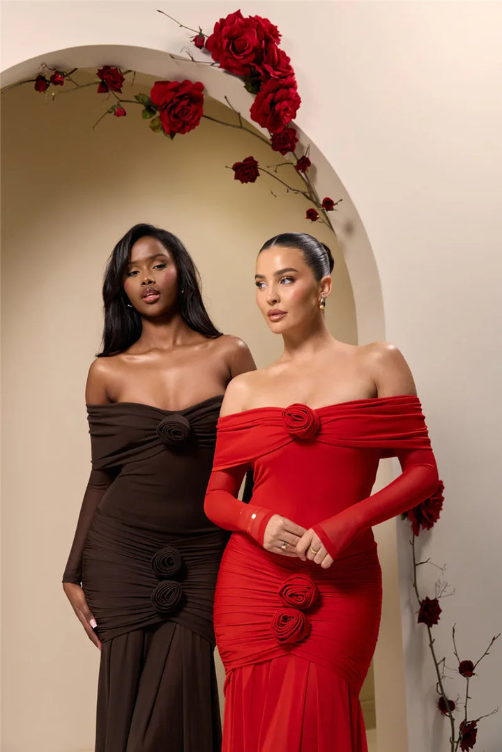 Off-shoulder maxi dress with ruching and floral appliqué decoration - Angelica