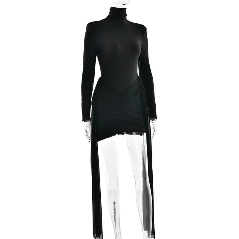 Mini turtleneck dress with chiffon ruched bottom, cross cut, and chiffon ruffle decoration - Marina
