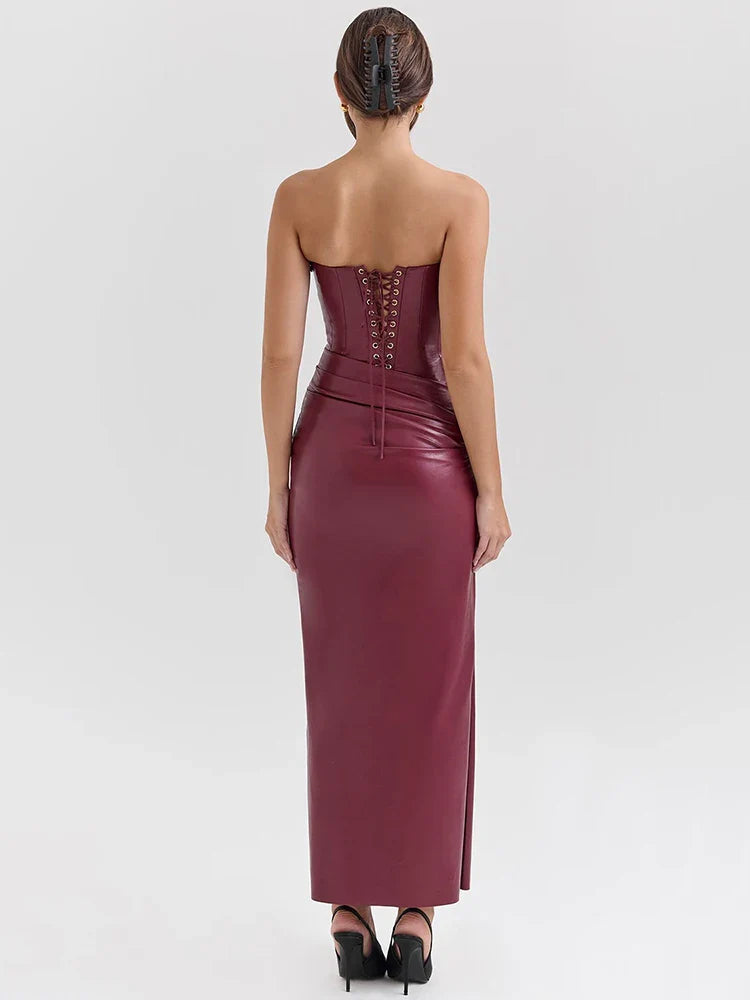 Strapless faux leather maxi dress with ruching and slit design - Marian