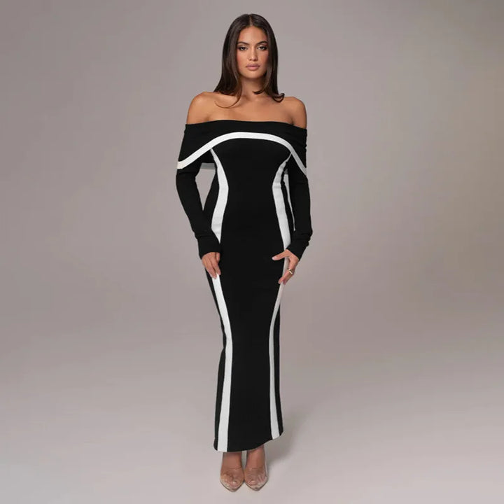 Off-shoulder maxi dress with contour line decoration - Katie