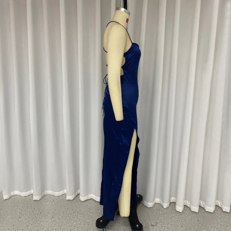 Satin Maxi Dress with Slit - Azul
