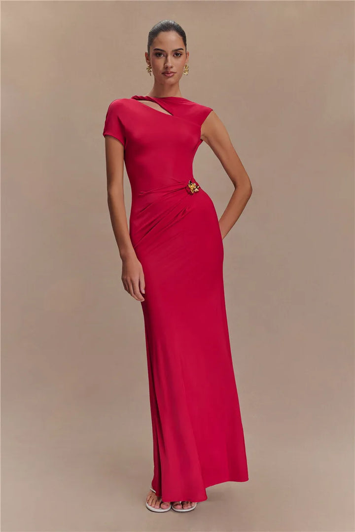 Elegant Maxi Dress with Ruching, One Sleeve, and Buckle Detail - Agatha
