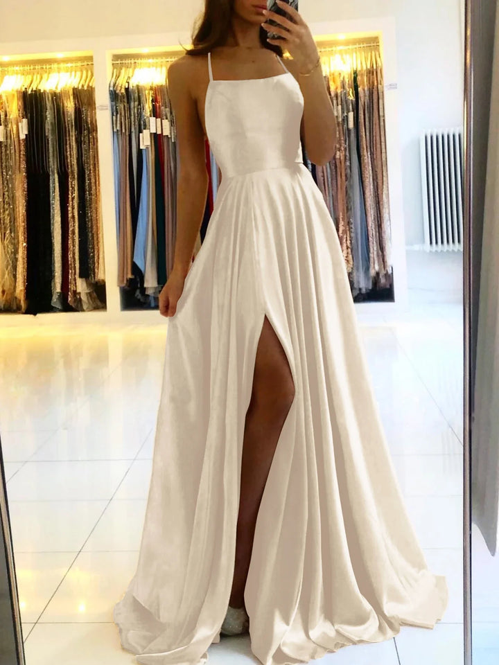 Elegant Maxi Satin Dress with Slit, A-Line Design, Back Tie - Prince