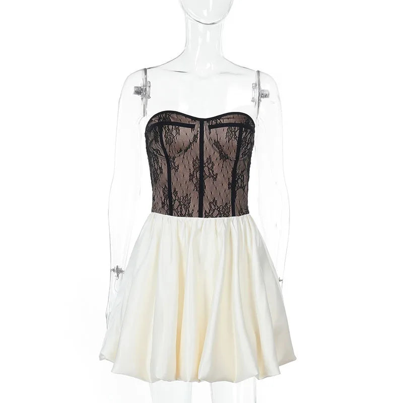 Strapless Balloon Mini Dress with Lace Ruffle Design - Amari