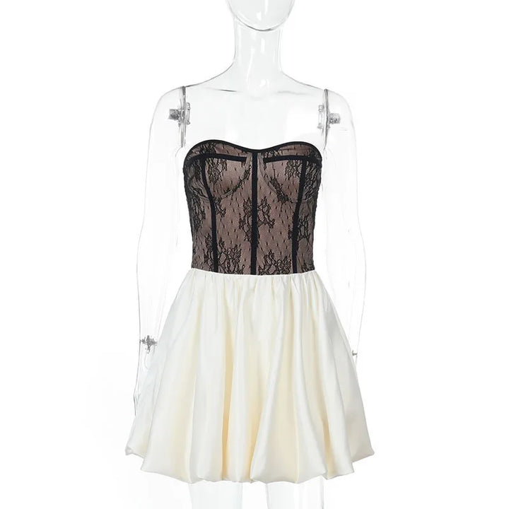 Strapless Balloon Mini Dress with Lace Ruffle Design - Amari
