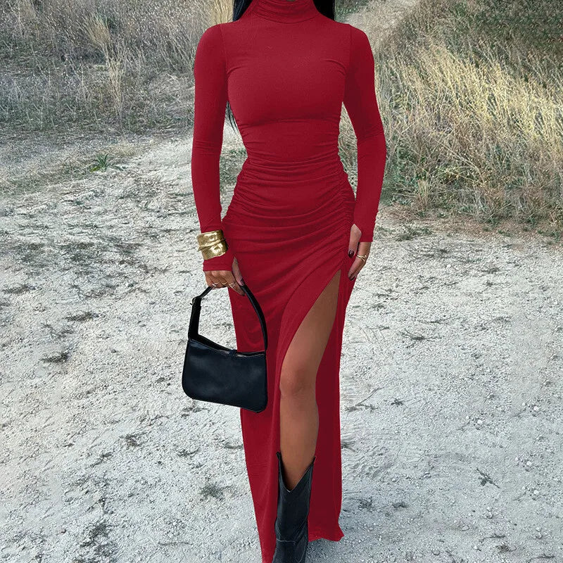 Maxi Dress with Ruching, Turtleneck, and Deep Slit - Sasha