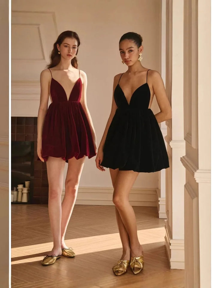 Velvet Mini Balloon Dress with Open Back - Myla