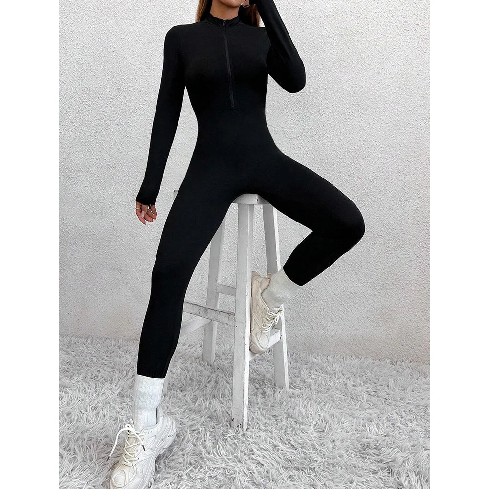 Long fitted jumpsuit with shaping fabric and front zipper closure - Alisson