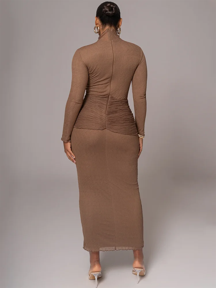 Maxi dress with ruching, tie decoration, and turtleneck collar - Halsey