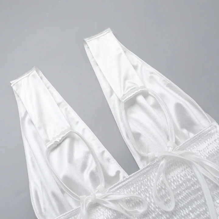 Satin mini dress with ruching and tie design on the straps - Celia