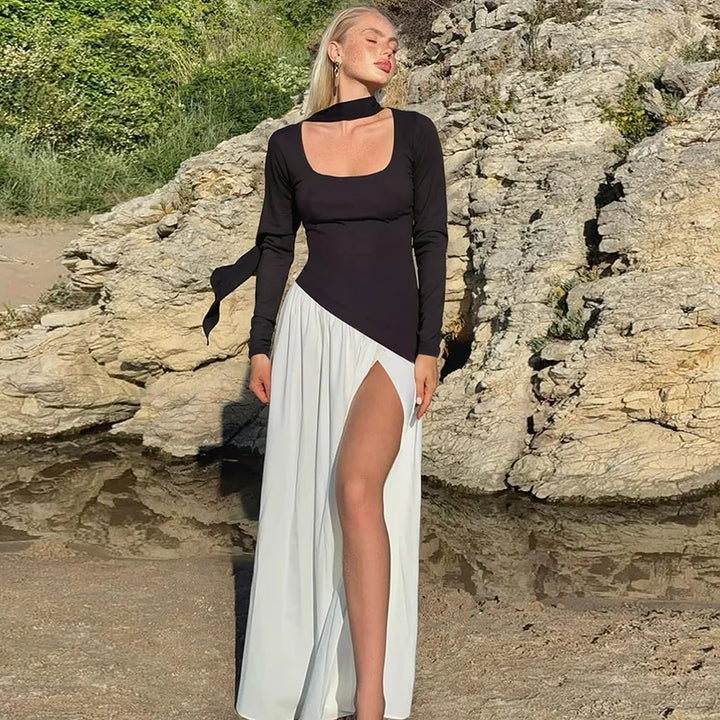 Elegant Maxi Dress with Slit and Scarf Decoration - RONA LI