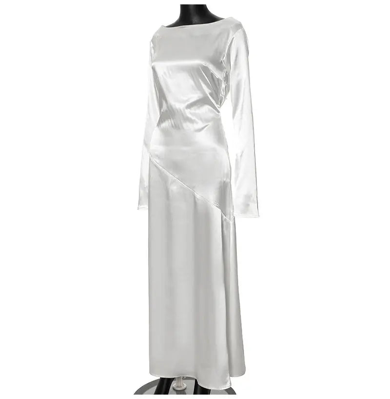 Maxi satin evening dress with open back, slit, and bell sleeves - Marian