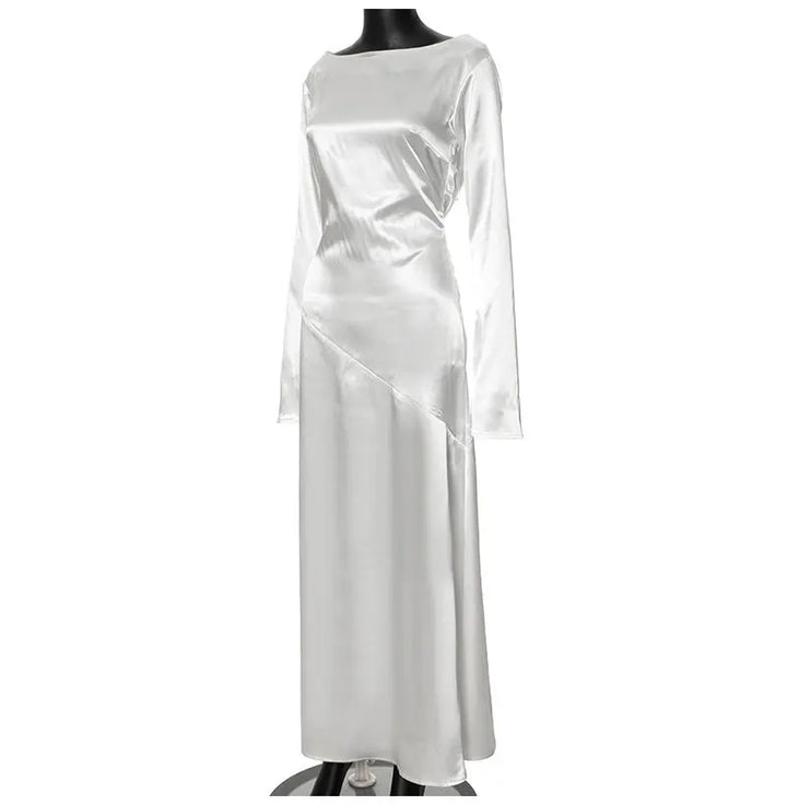 Maxi satin evening dress with open back, slit, and bell sleeves - Marian