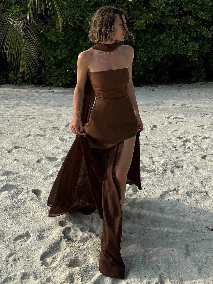 Strapless Maxi Dress with Chiffon Bottom, Slit Design, and Matching Scarf Detail - Princess