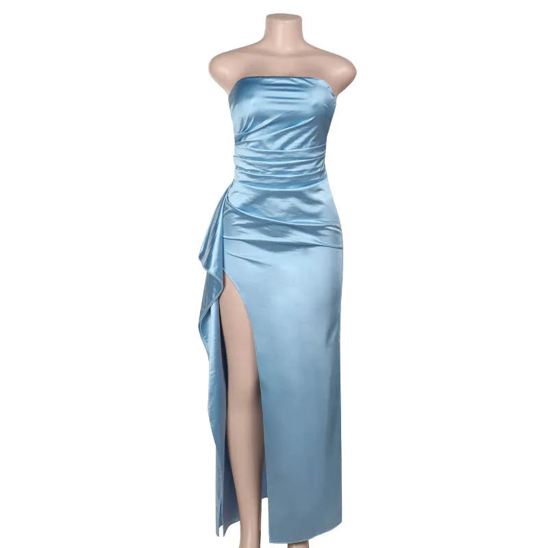 Strapless Satin Maxi Dress with Ruching and Slit - Amalia
