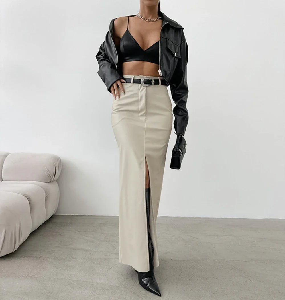 Maxi faux leather skirt with slit design - MAGEN