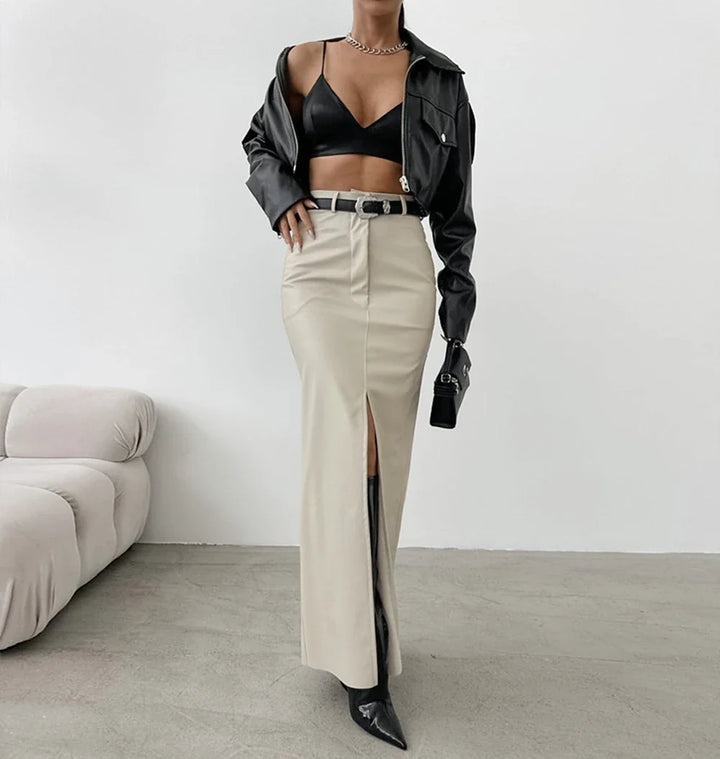 Maxi faux leather skirt with slit design - MAGEN