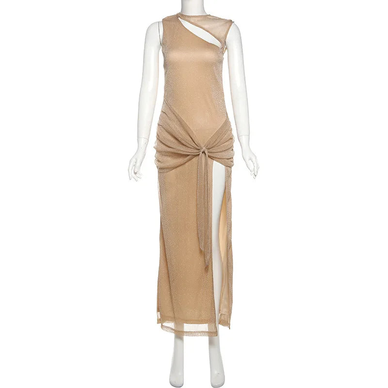 Maxi Mesh Sequin Dress with Ruching and Tie Detail with Slit - August