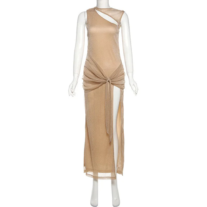 Maxi Mesh Sequin Dress with Ruching and Tie Detail with Slit - August