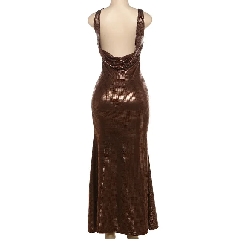 Fitted Maxi Dress with Sparkling Square Embellishment and Open Back Design - Genesis