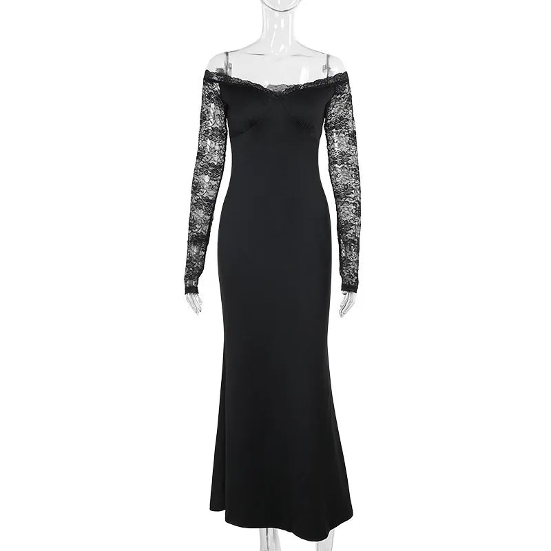 Maxi Dress with Lace Sleeve Detail and Off-Shoulder Design - Barbara