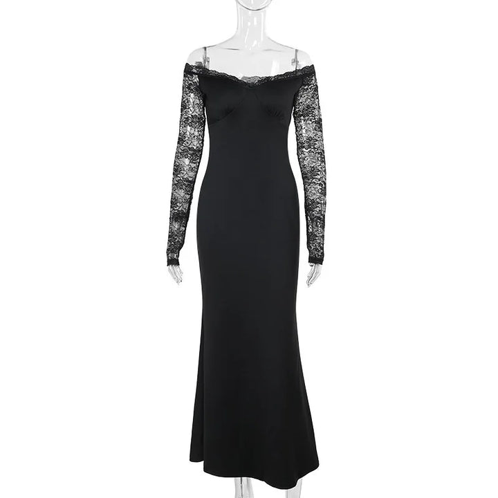 Maxi Dress with Lace Sleeve Detail and Off-Shoulder Design - Barbara