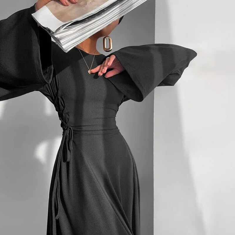 Modest knitted A-line maxi dress with waist ties - Liri
