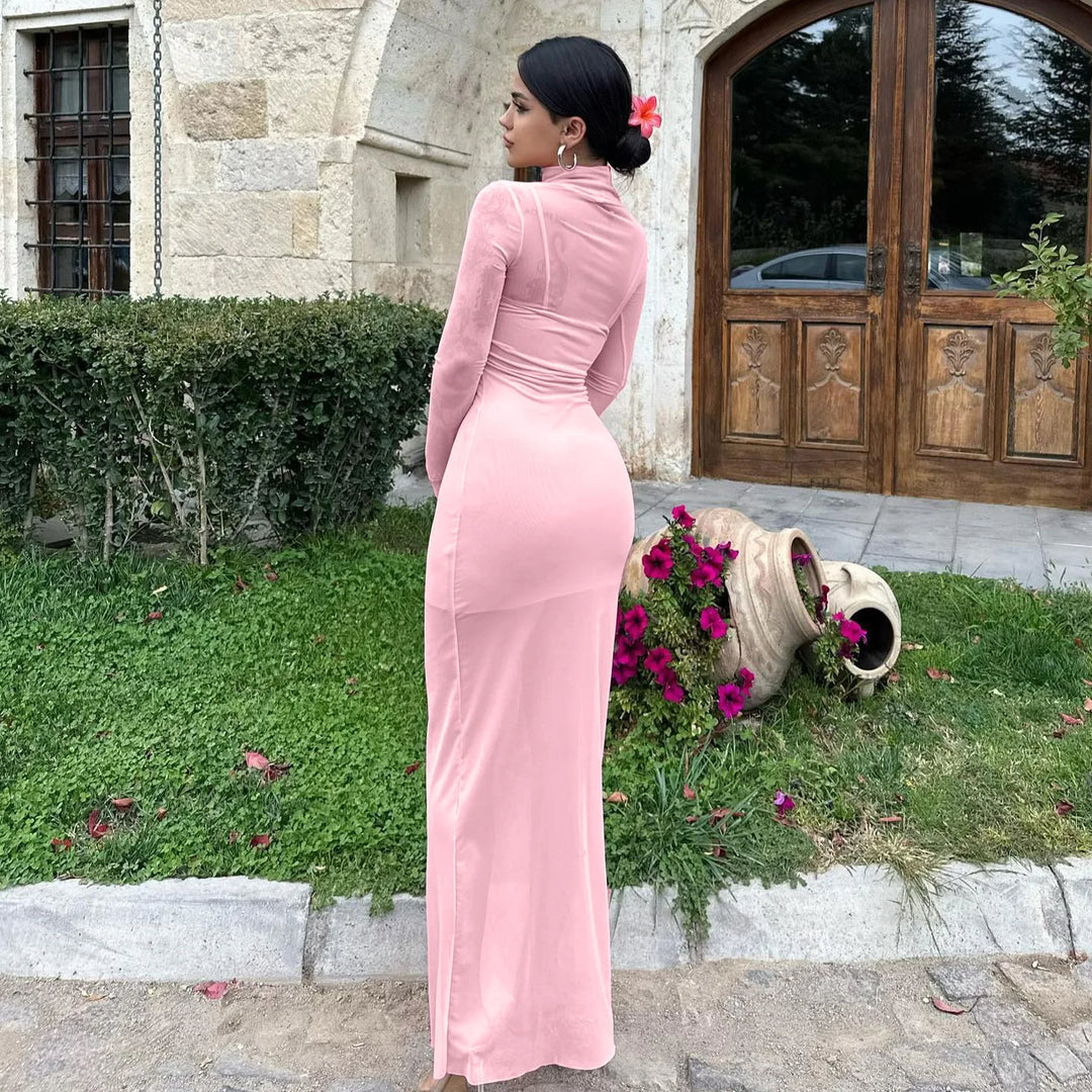 Mesh Maxi Dress with Turtleneck Underskirt - Isabella