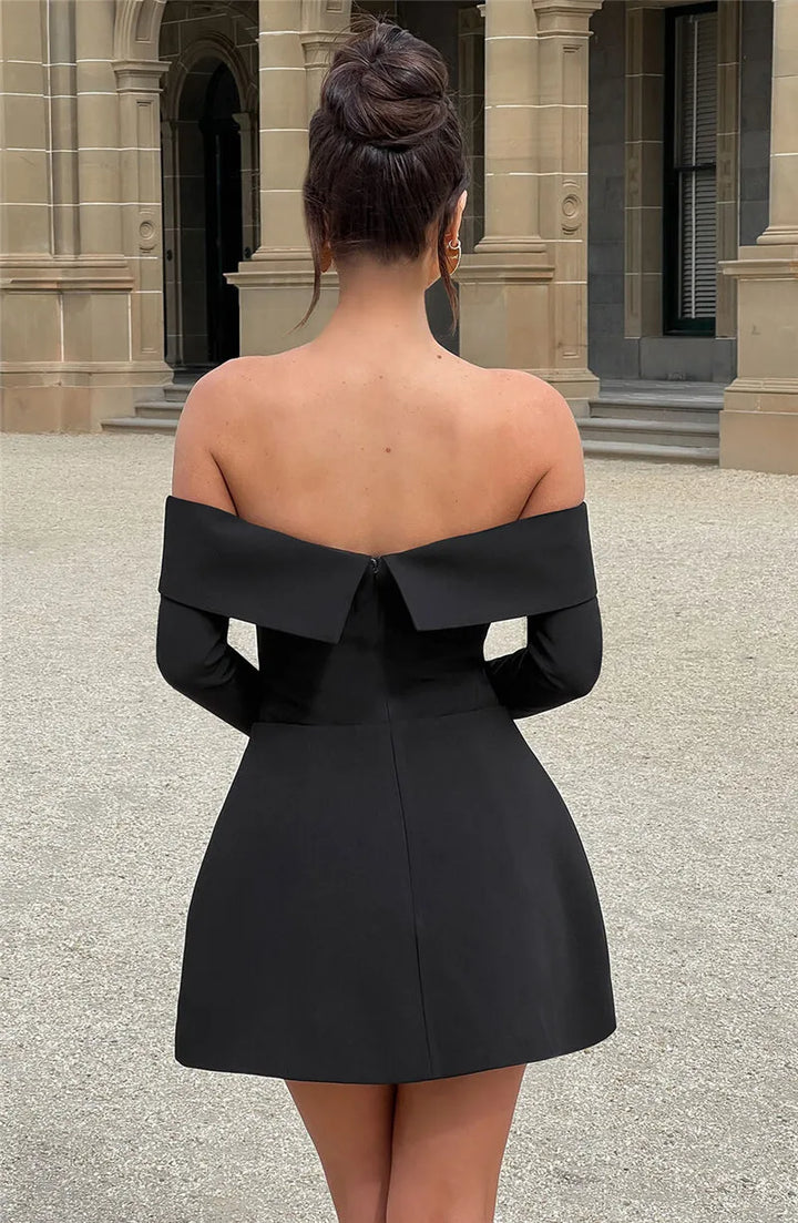 A-line off-shoulder mini dress with faux pocket design - Macy
