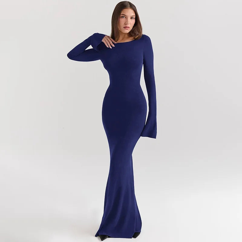 Open Back Maxi Dress with Bell Sleeves - Blueberry