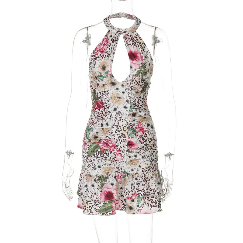 Mini dress with leopard print collar and floral decoration, open back - Chili
