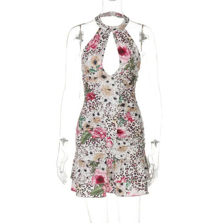 Mini dress with leopard print collar and floral decoration, open back - Chili