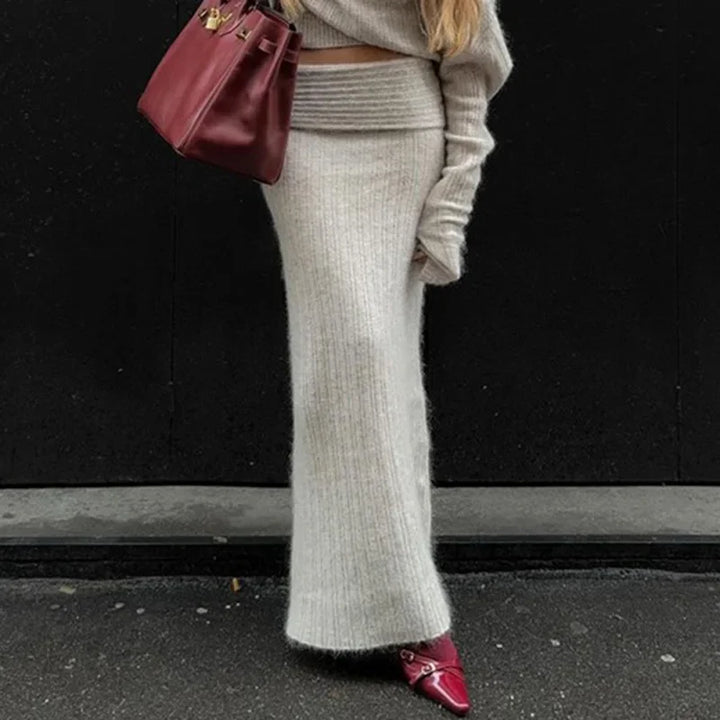Two-Piece Knit Set with Off-Shoulder Top and Maxi Skirt - Ilona